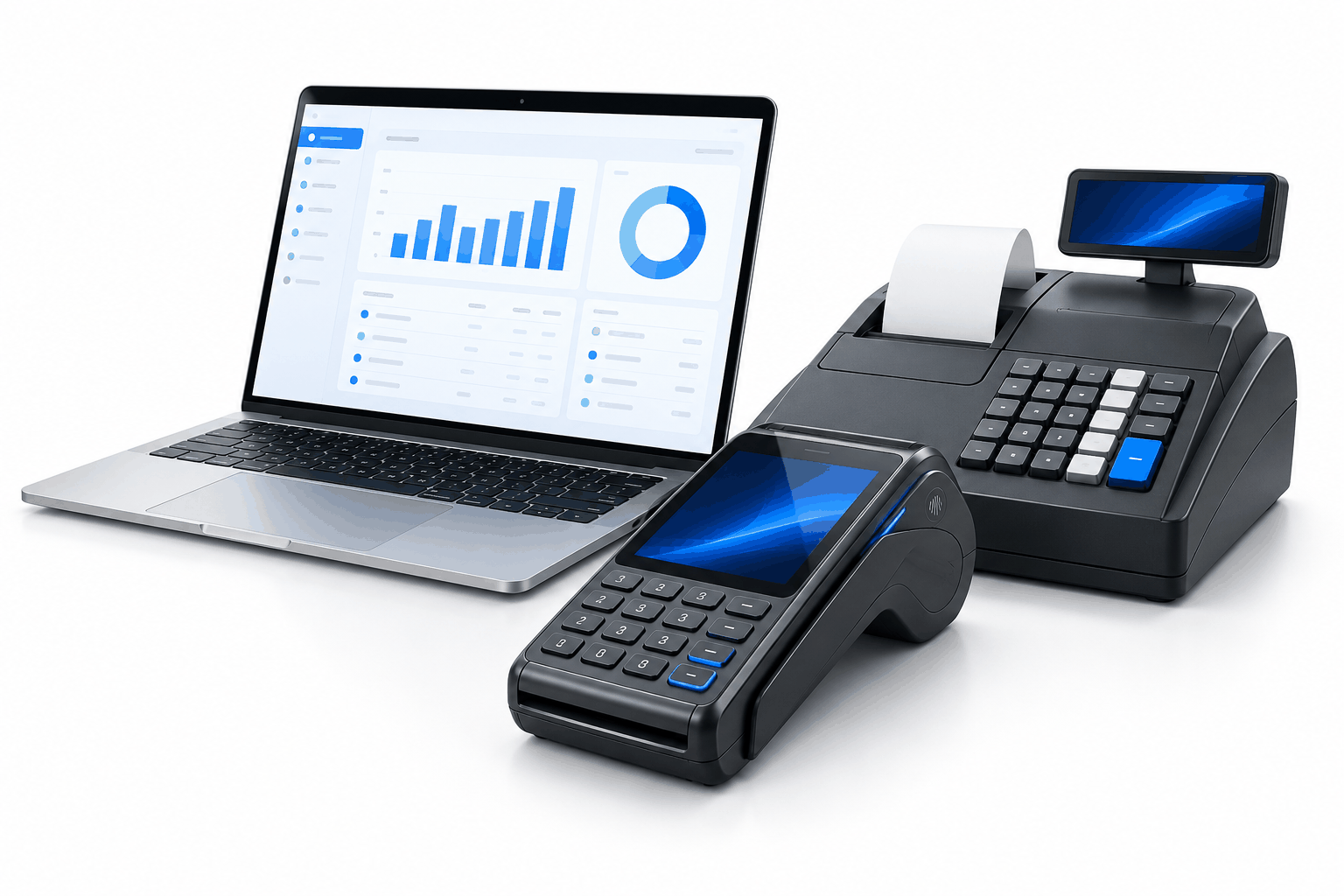 Ilustrație cu un laptop pentru gestiune, o casă de marcat și un terminal bancar, conectate prin POS Bridge.